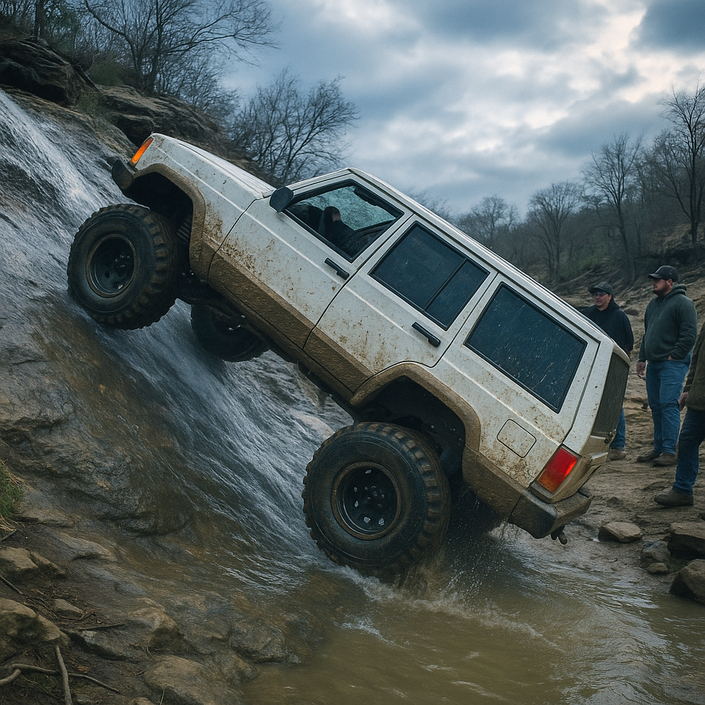Lifted Jeep Cherokee XJ climbing waterfall